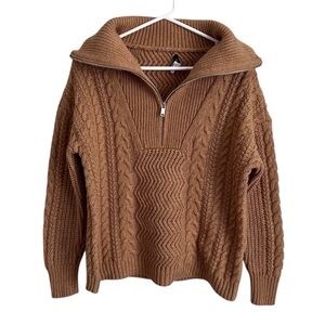 Reiss Alexis Tan Cableknit Half Zip Pullover Sweater Neutral Wide Neck Large